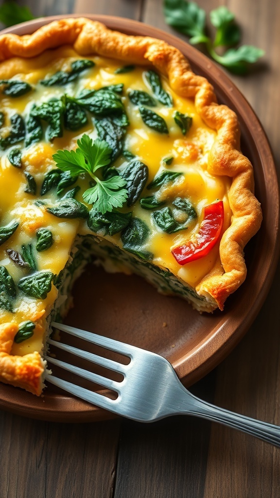 A single slice of spinach and cheese quiche on a plate, garnished with parsley, on a wooden table.